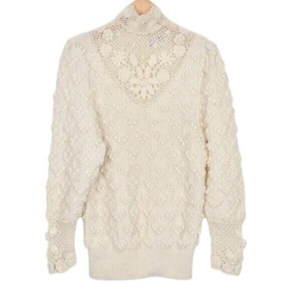 Vintage Braemar Knitted By Hand Cream Crochet High Neck Wool Blend Sweater Med - Picture 1 of 8